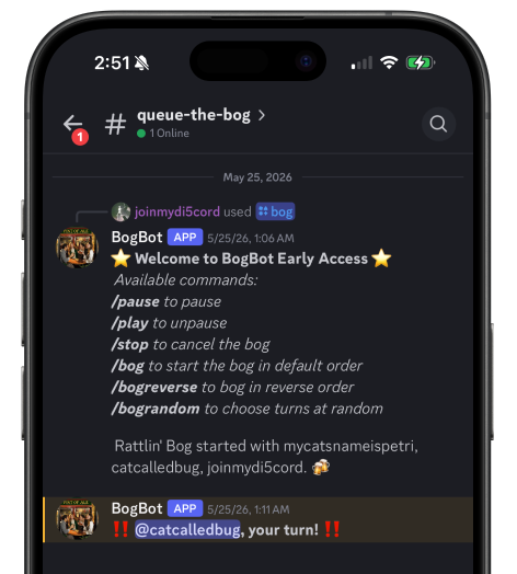 Screenshot of BogBot application in Discord