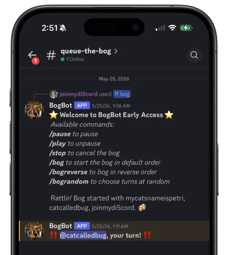 Screenshot of BogBot application in Discord