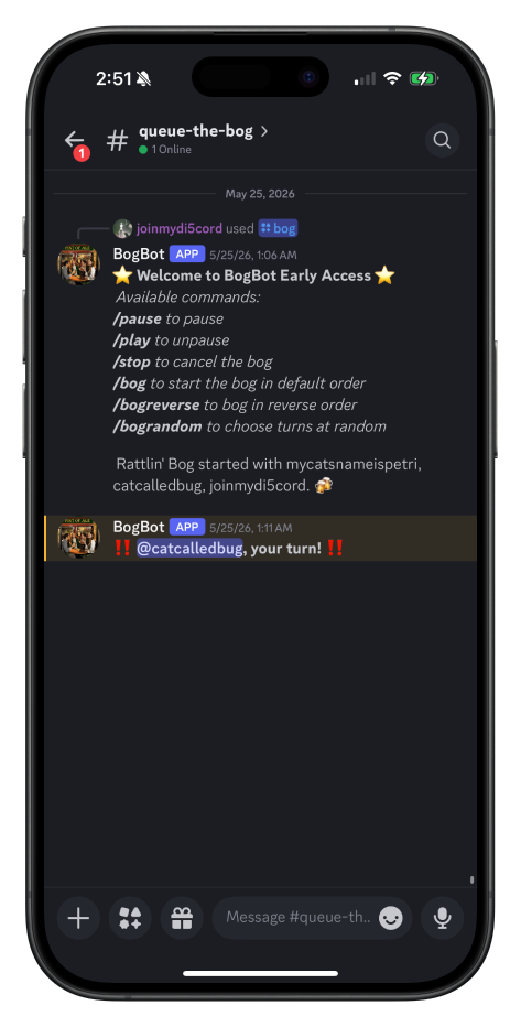 Screenshot of BogBot application in Discord