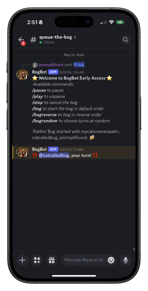 Screenshot of BogBot application in Discord