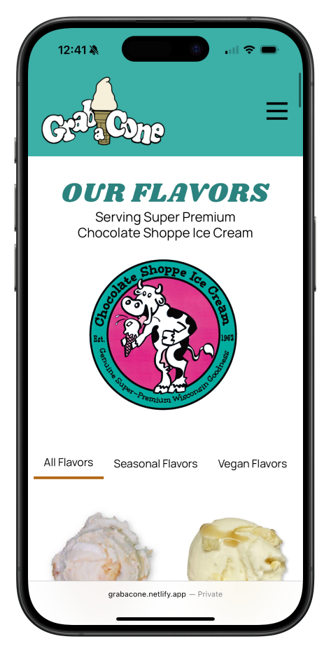 Rendering of Grab A Cone website on an iPhone