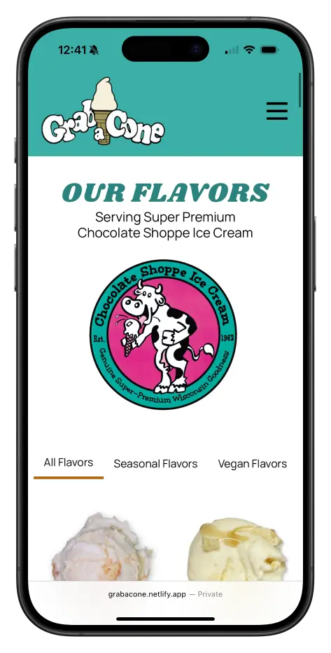 Rendering of Grab A Cone website on an iPhone